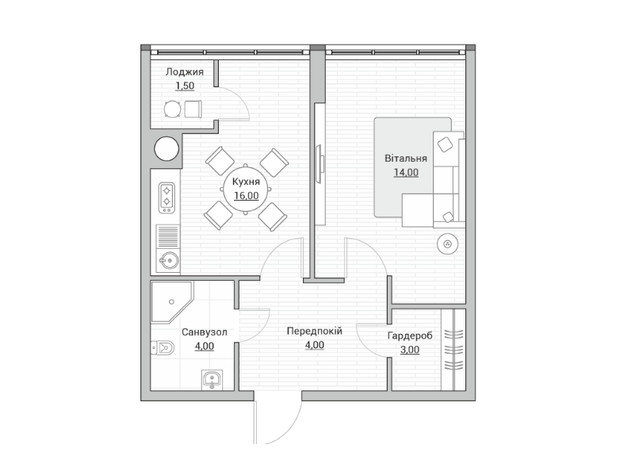 ЖК Евромісто: планировка 1-комнатной квартиры 42.5 м²