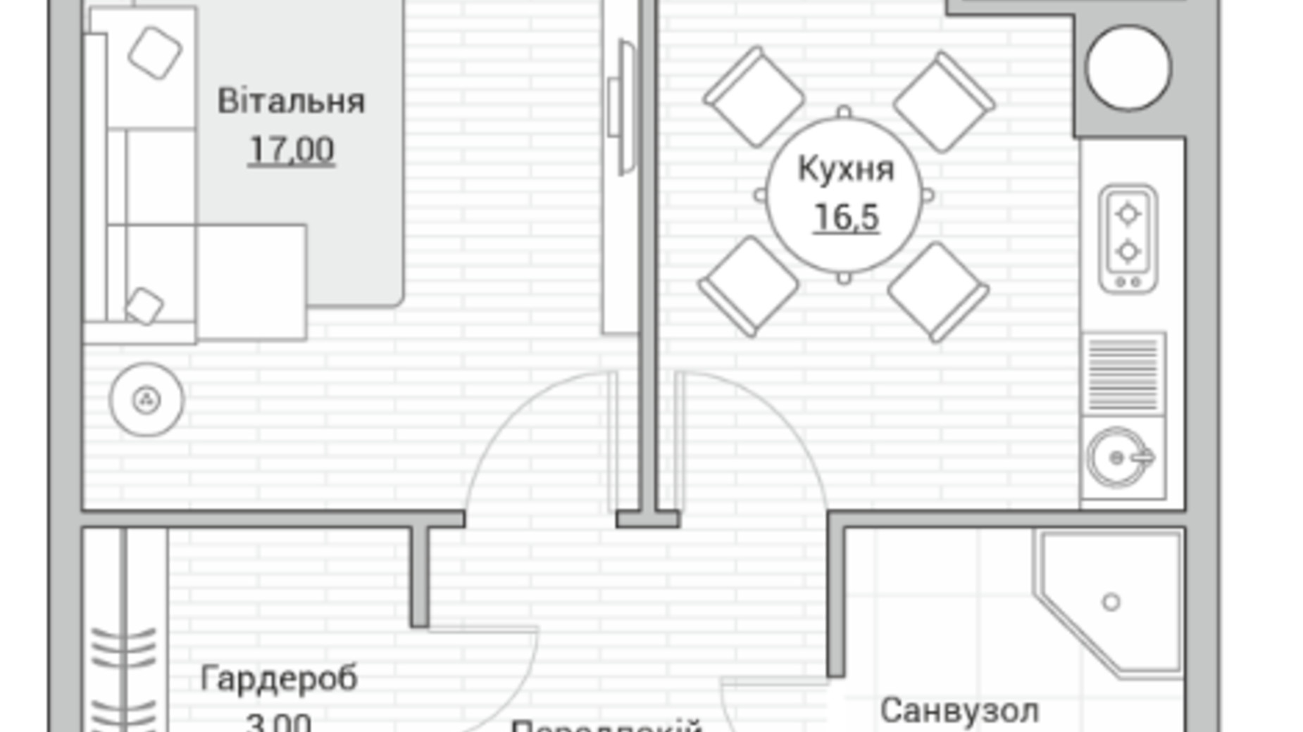 Планування 1-кімнатної квартири в ЖК Евромісто 46.5 м², фото 631927