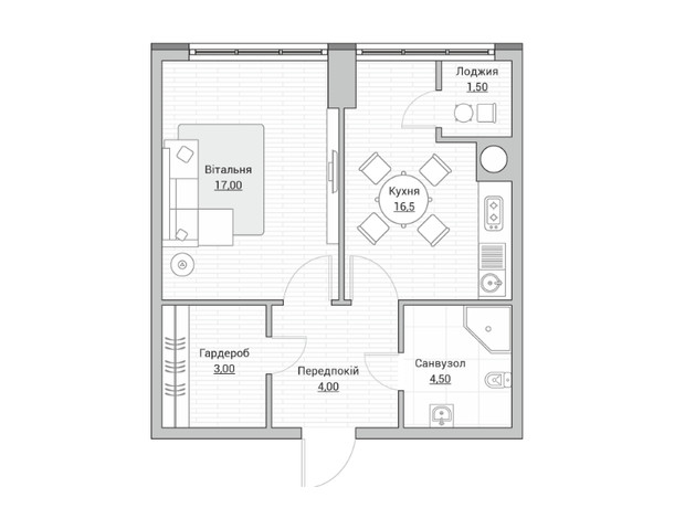 ЖК Евромісто: планировка 1-комнатной квартиры 46.5 м²