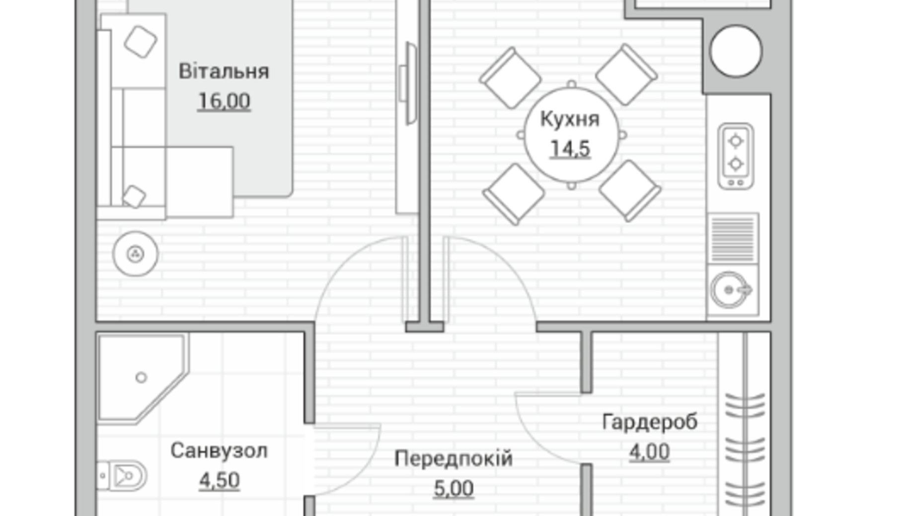Планировка 1-комнатной квартиры в ЖК Евромісто 45.5 м², фото 631928