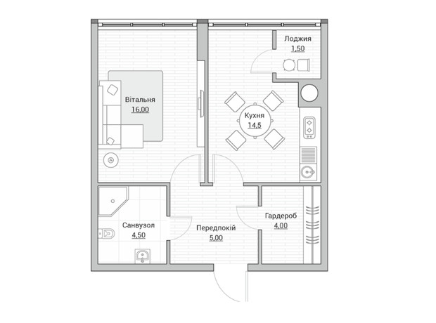 ЖК Евромісто: планировка 1-комнатной квартиры 45.5 м²