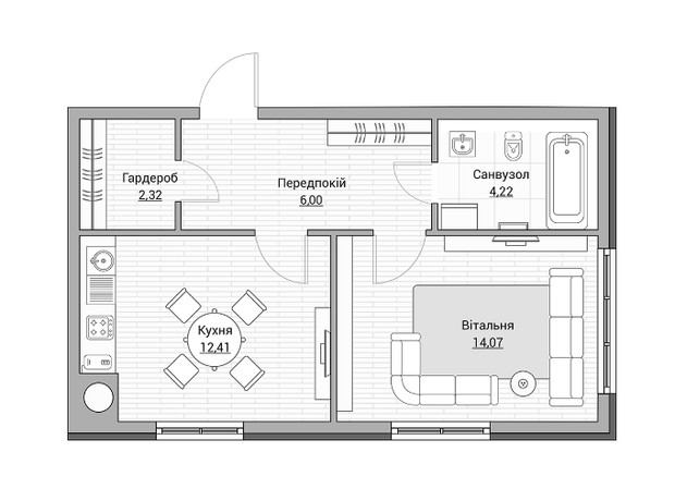 ЖК Евромісто: планировка 1-комнатной квартиры 39 м²