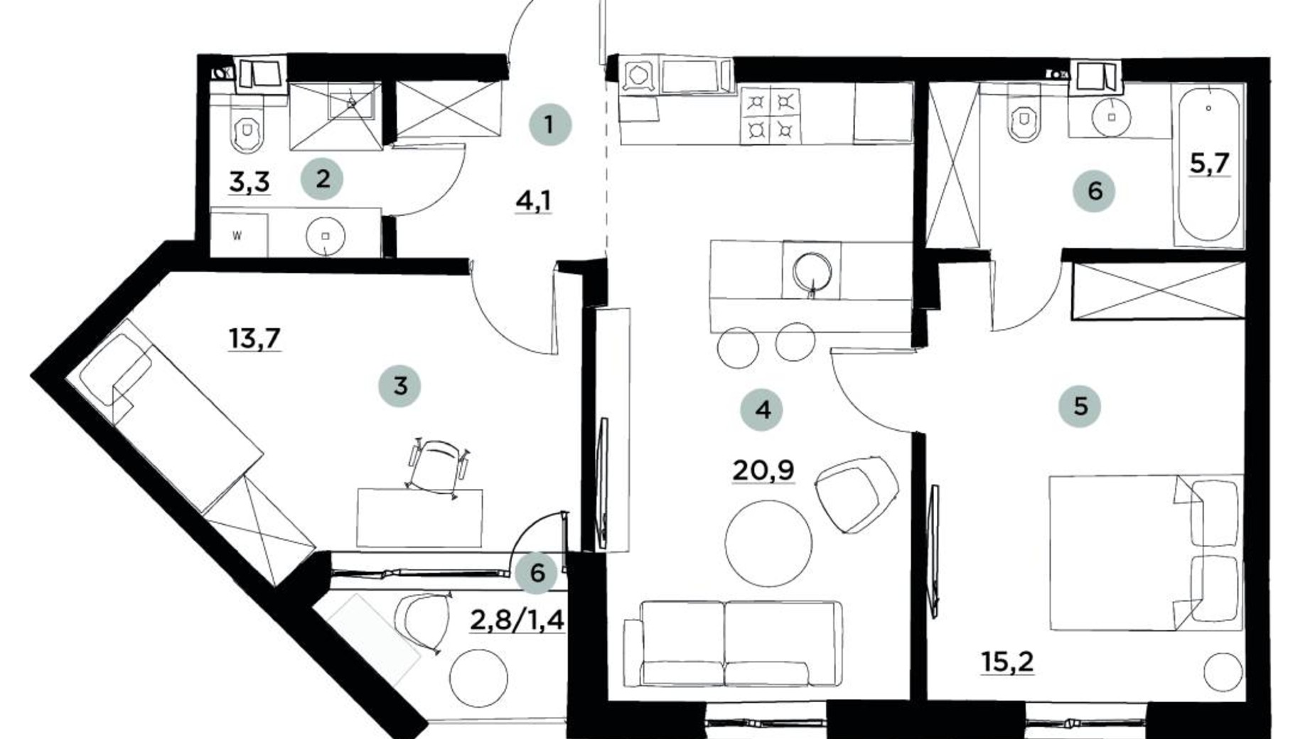 Планировка 2-комнатной квартиры в ЖК Parktown 65 м², фото 631946
