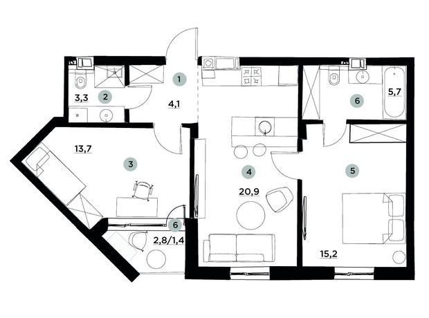 ЖК Parktown: планировка 2-комнатной квартиры 65 м²