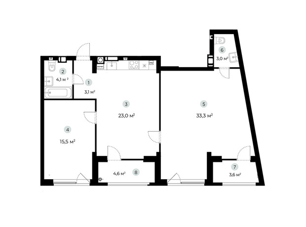 ЖК Parktown: планування 2-кімнатної квартири 86.1 м²