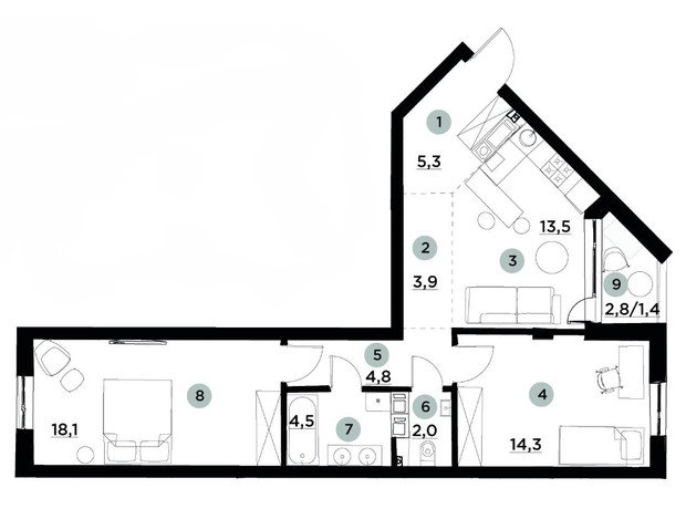 ЖК Parktown: планування 2-кімнатної квартири 67 м²