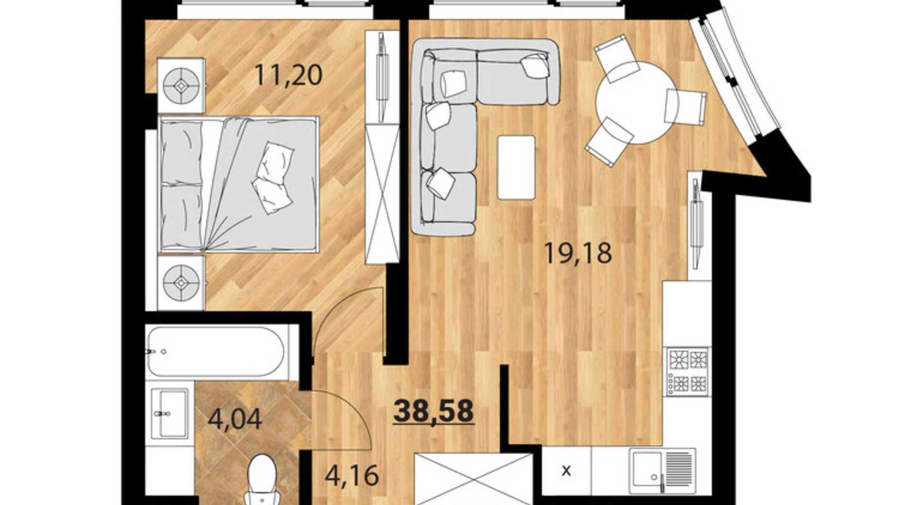 Планировка 1-комнатной квартиры в Клубный дом Forest Etalon Club 38.58 м², фото 632336