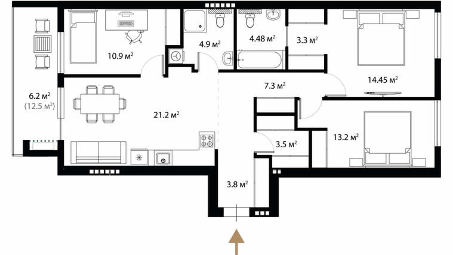 Планировка 3-комнатной квартиры в ЖК Grand Hills 93.2 м², фото 632470