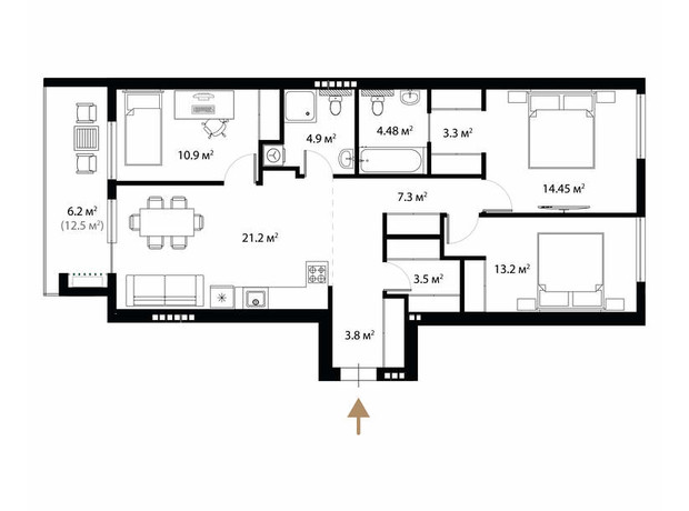 ЖК Grand Hills: планировка 3-комнатной квартиры 93.2 м²
