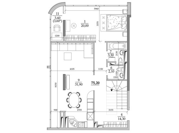 ЖК Таїровські сади: планування 3-кімнатної квартири 153.7 м²