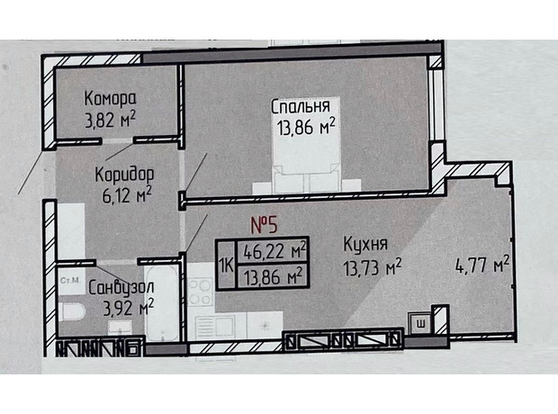 ЖБК Вербицького, 7: планировка 1-комнатной квартиры 46.22 м²