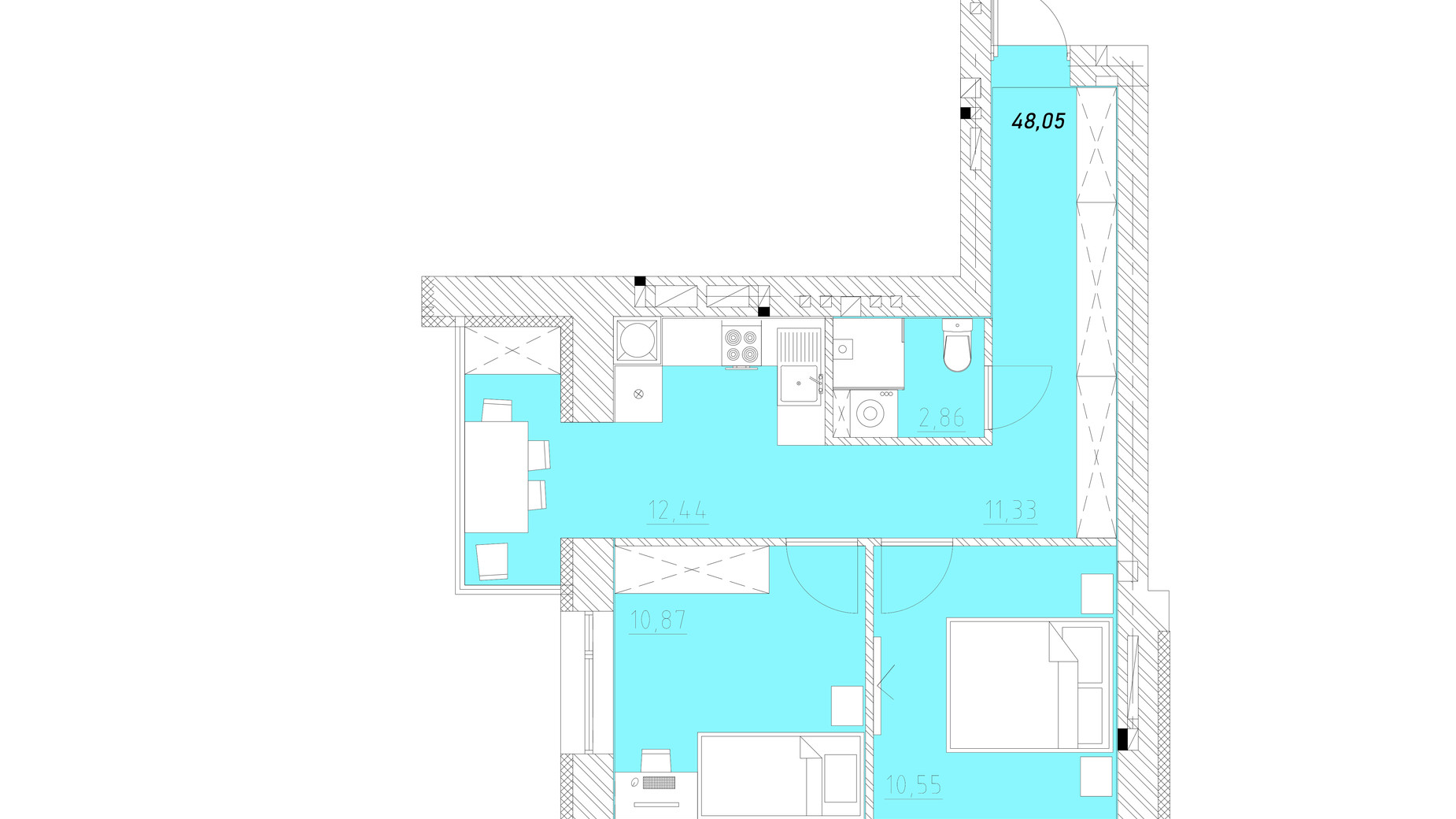 Планировка 2-комнатной квартиры в ЖК на Шептицкого 48.05 м², фото 632801