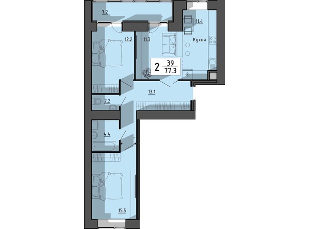 ЖК Файне місто: планировка 2-комнатной квартиры 77.3 м²