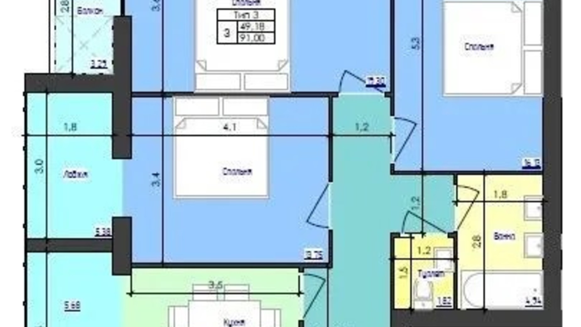 Планировка 3-комнатной квартиры в ЖК Кришталеве Озеро 91 м², фото 633081