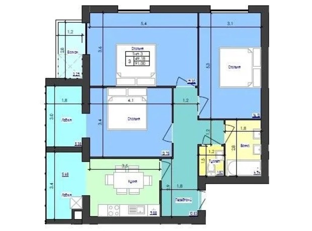 ЖК Кришталеве Озеро: планування 3-кімнатної квартири 91 м²