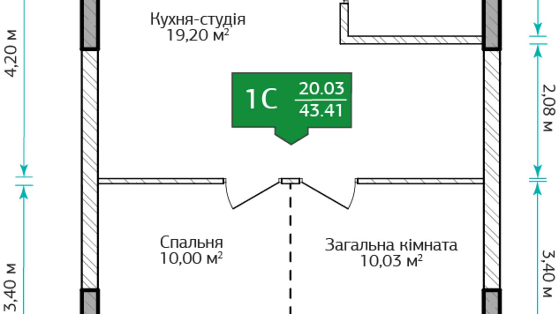 Планировка 1-комнатной квартиры в ЖК City Park 2 44.8 м², фото 633120