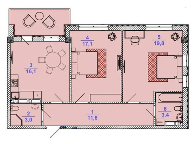 Клубний будинок Barkey: планування 2-кімнатної квартири 73.2 м²