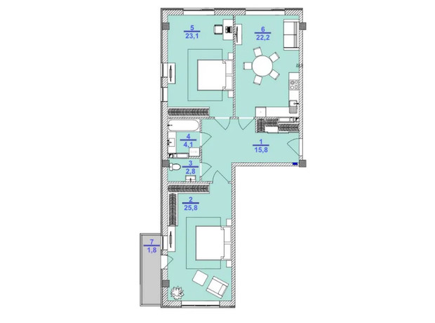 Клубний будинок Barkey: планування 2-кімнатної квартири 95.6 м²