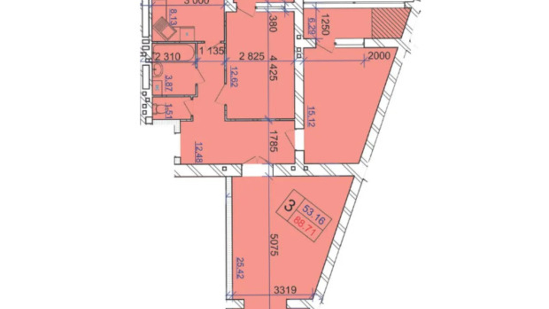 Планировка 3-комнатной квартиры в ЖК Grand Royal 88.71 м², фото 633246