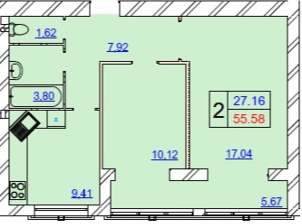 ЖК Grand Royal: планування 2-кімнатної квартири 55.62 м²