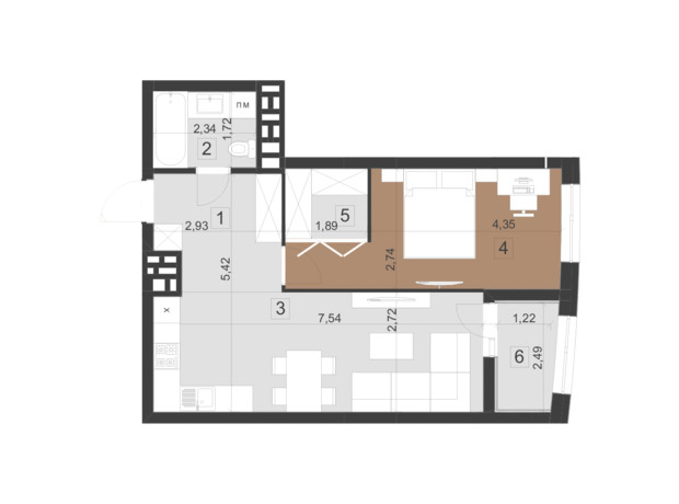 ЖК Парус Премиум: планировка 1-комнатной квартиры 52 м²