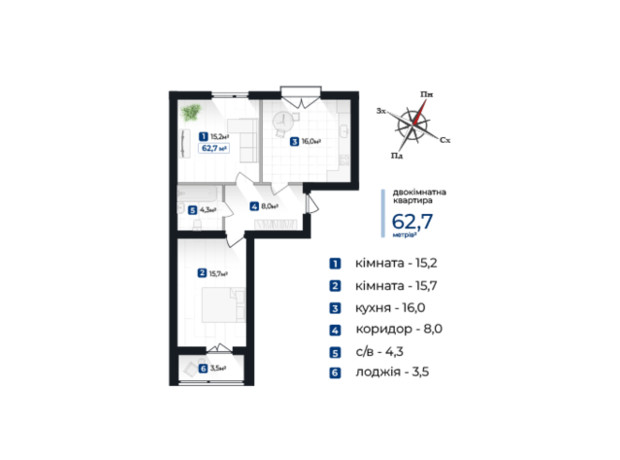 ЖК Козацький: планування 2-кімнатної квартири 62.7 м²