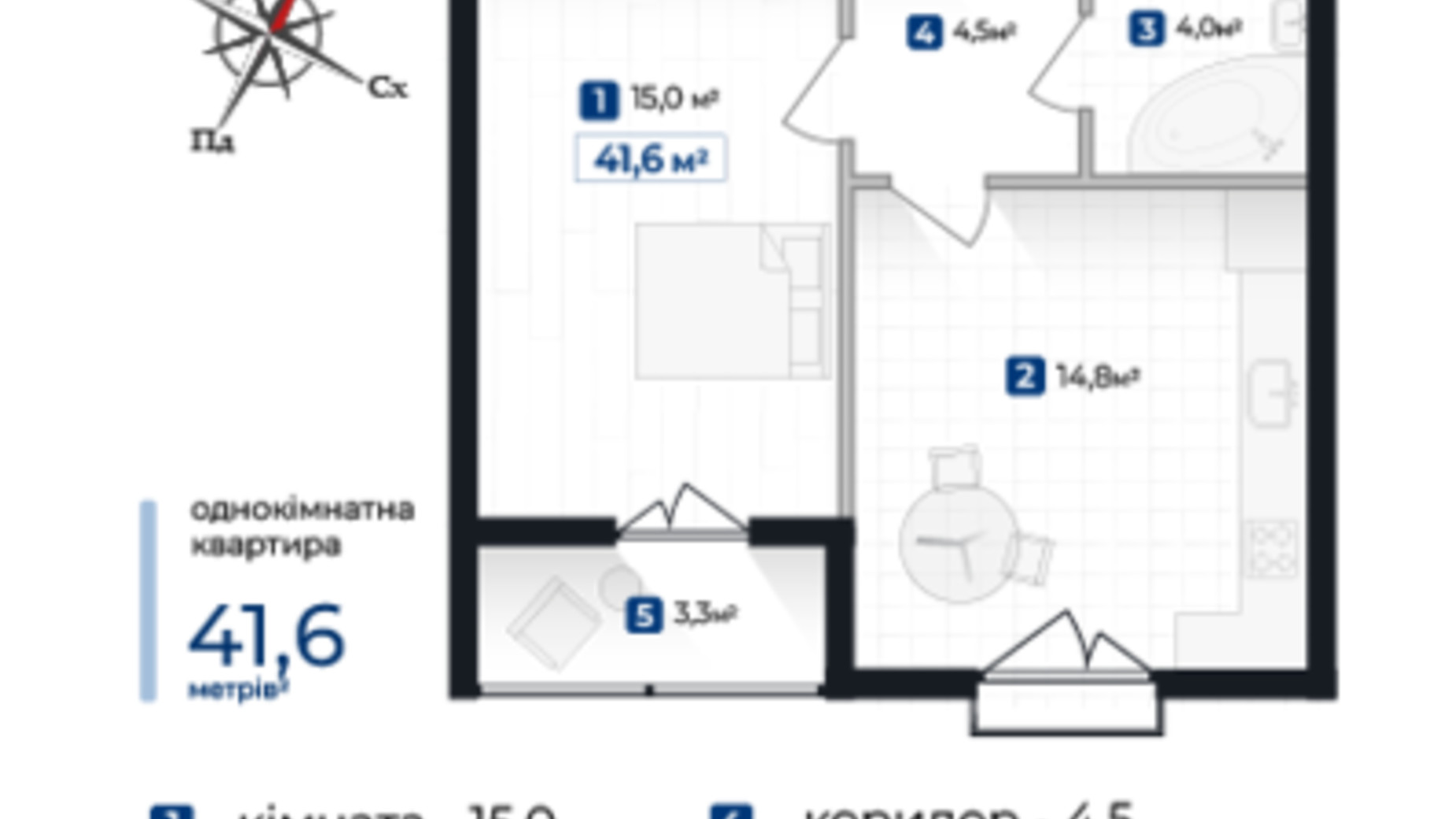 Планировка 1-комнатной квартиры в ЖК Козацкий 41.6 м², фото 633435