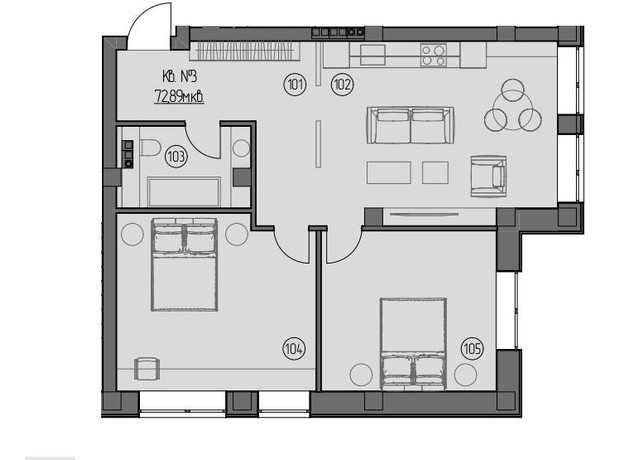 ЖК Central: планування 2-кімнатної квартири 71.9 м²