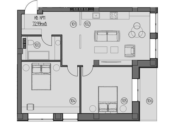 ЖК Central: планировка 2-комнатной квартиры 73.3 м²