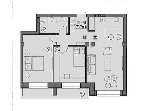 ЖК Central: планировка 2-комнатной квартиры 72.8 м²