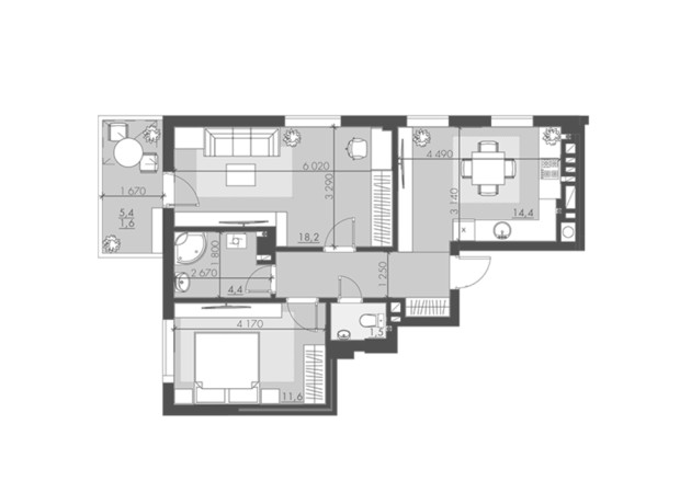 ЖК Шевченка: планування 2-кімнатної квартири 56.7 м²