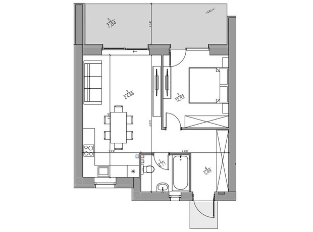 КГ YOND.City: планировка 1-комнатной квартиры 56.14 м²