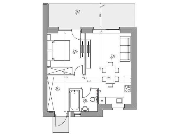 КГ YOND.City: планировка 1-комнатной квартиры 56.19 м²