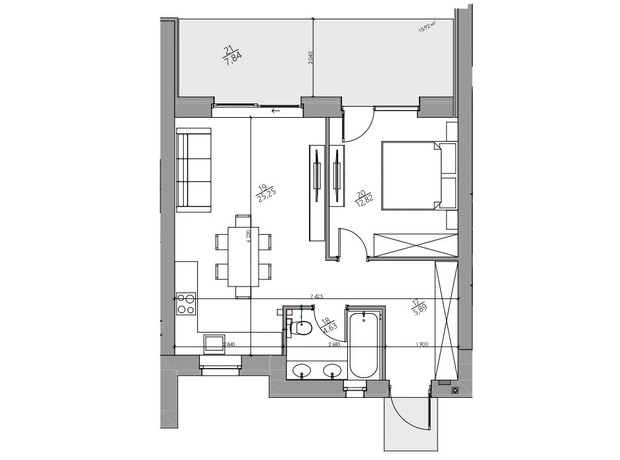 КГ YOND.City: планировка 1-комнатной квартиры 56.43 м²