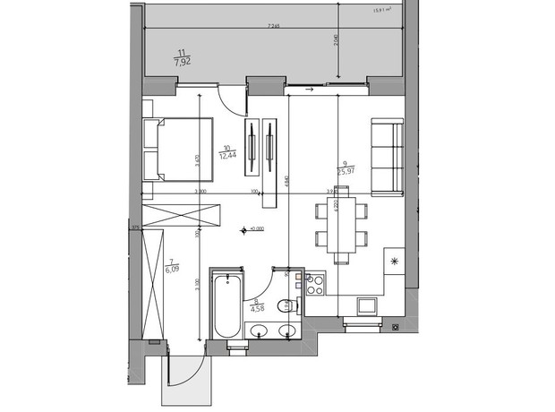 КГ YOND.City: планировка 1-комнатной квартиры 57 м²