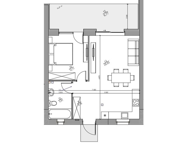 КГ YOND.City: планировка 1-комнатной квартиры 57.8 м²