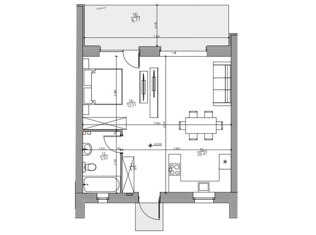 КГ YOND.City: планировка 1-комнатной квартиры 57.83 м²