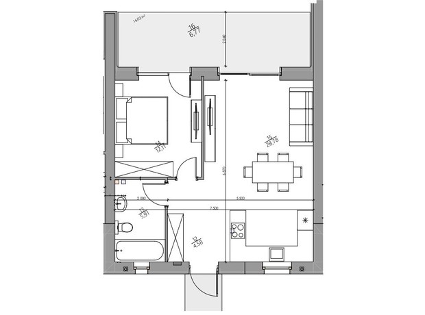 КГ YOND.City: планировка 2-комнатной квартиры 58.15 м²