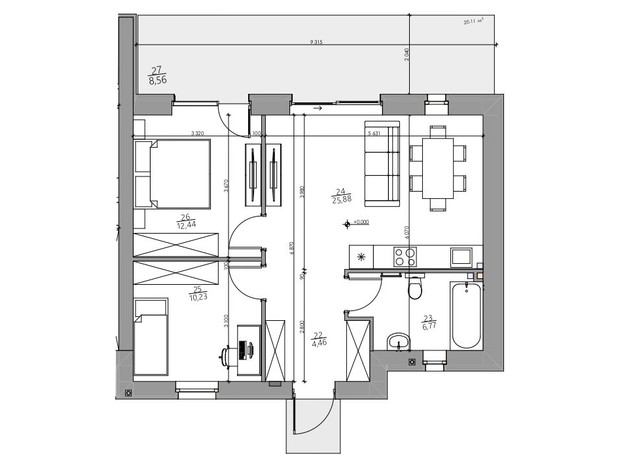 КГ YOND.City: планировка 2-комнатной квартиры 68.34 м²