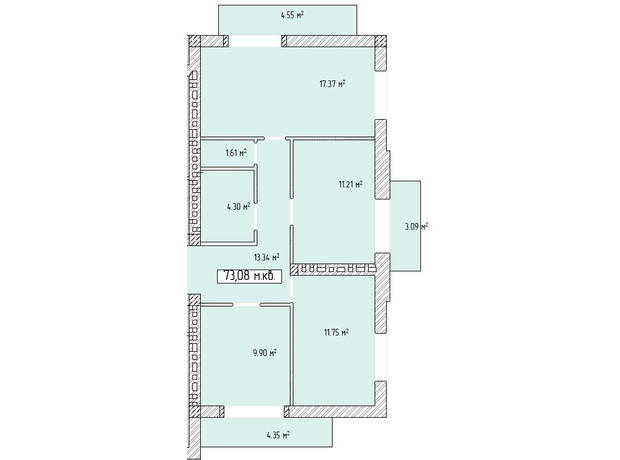 ЖК Паннония: планировка 3-комнатной квартиры 73.08 м²