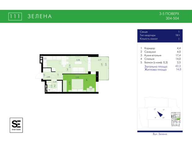 ЖК 111 Zelena: планування 1-кімнатної квартири 42.3 м²