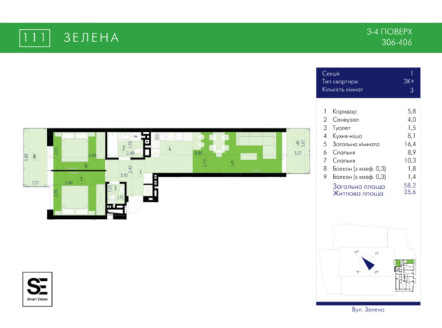 ЖК 111 Zelena: планування 2-кімнатної квартири 58.2 м²