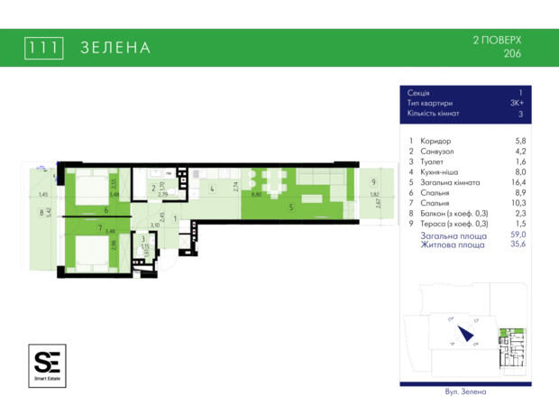 ЖК 111 Zelena: планировка 2-комнатной квартиры 59 м²