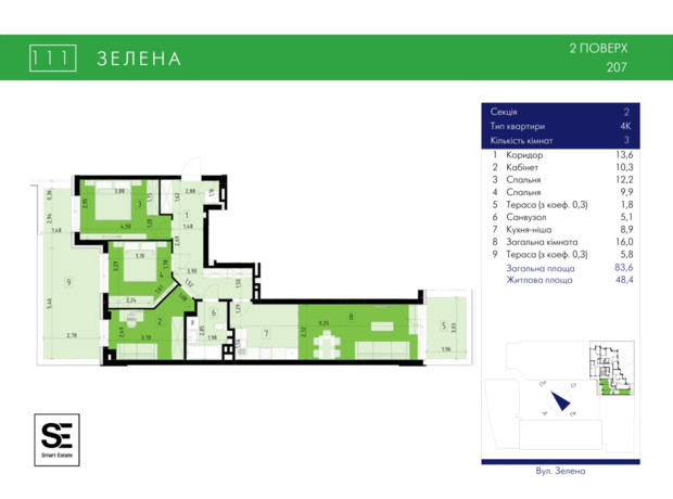 ЖК 111 Zelena: планування 4-кімнатної квартири 83.6 м²