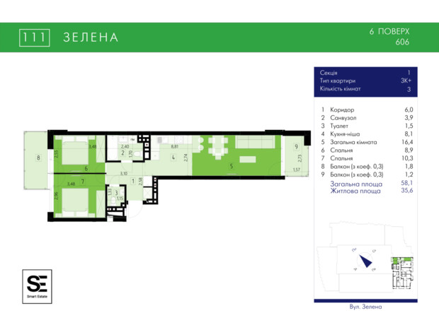 ЖК 111 Zelena: планування 2-кімнатної квартири 58.1 м²