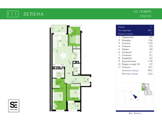 ЖК 111 Zelena: планування 3-кімнатної квартири 88.6 м²