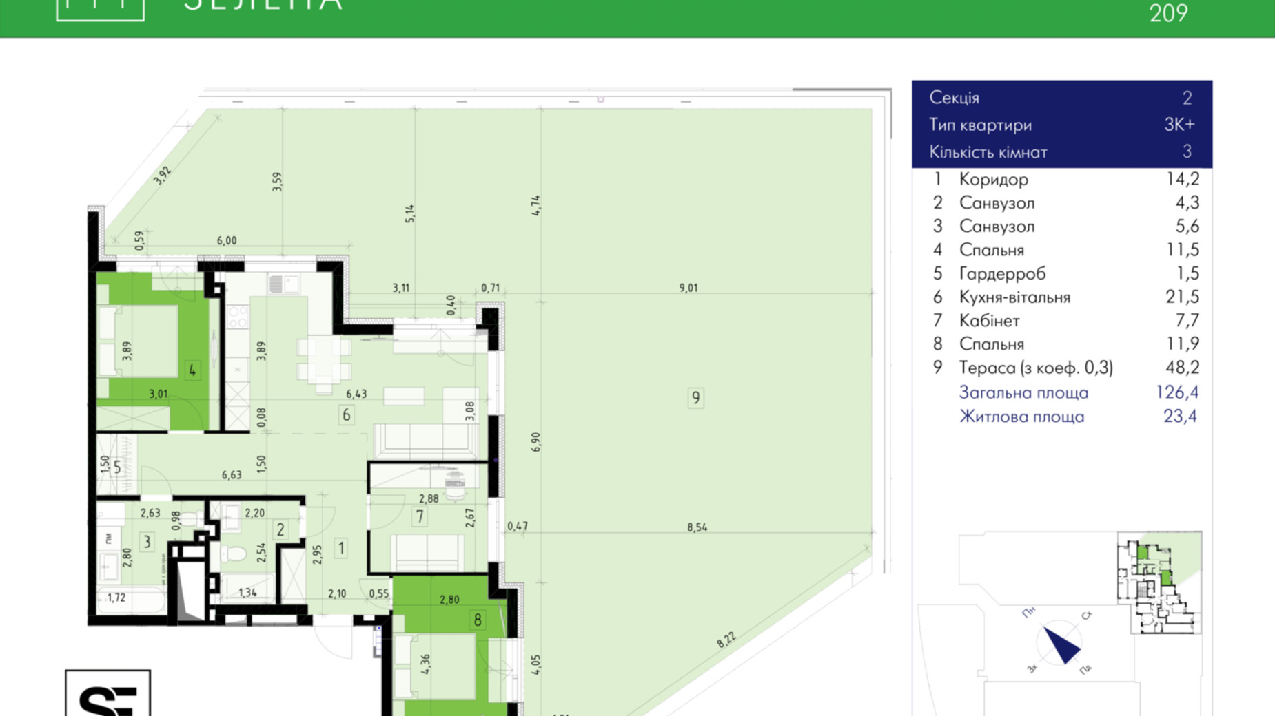 Планировка 3-комнатной квартиры в ЖК 111 Зеленая 126.4 м², фото 634010