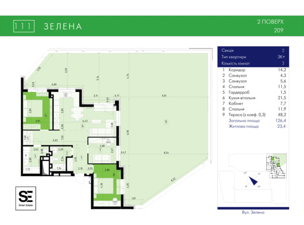 ЖК 111 Zelena: планування 3-кімнатної квартири 126.4 м²