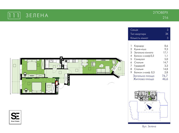 ЖК 111 Zelena: планування 3-кімнатної квартири 76.7 м²