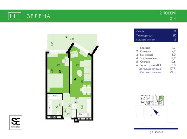 ЖК 111 Zelena: планировка 2-комнатной квартиры 47.7 м²